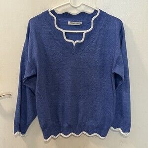 MISSLOOK Womens Blue Knitted Wool Pullover Sweater Scallop Hem Size Medium